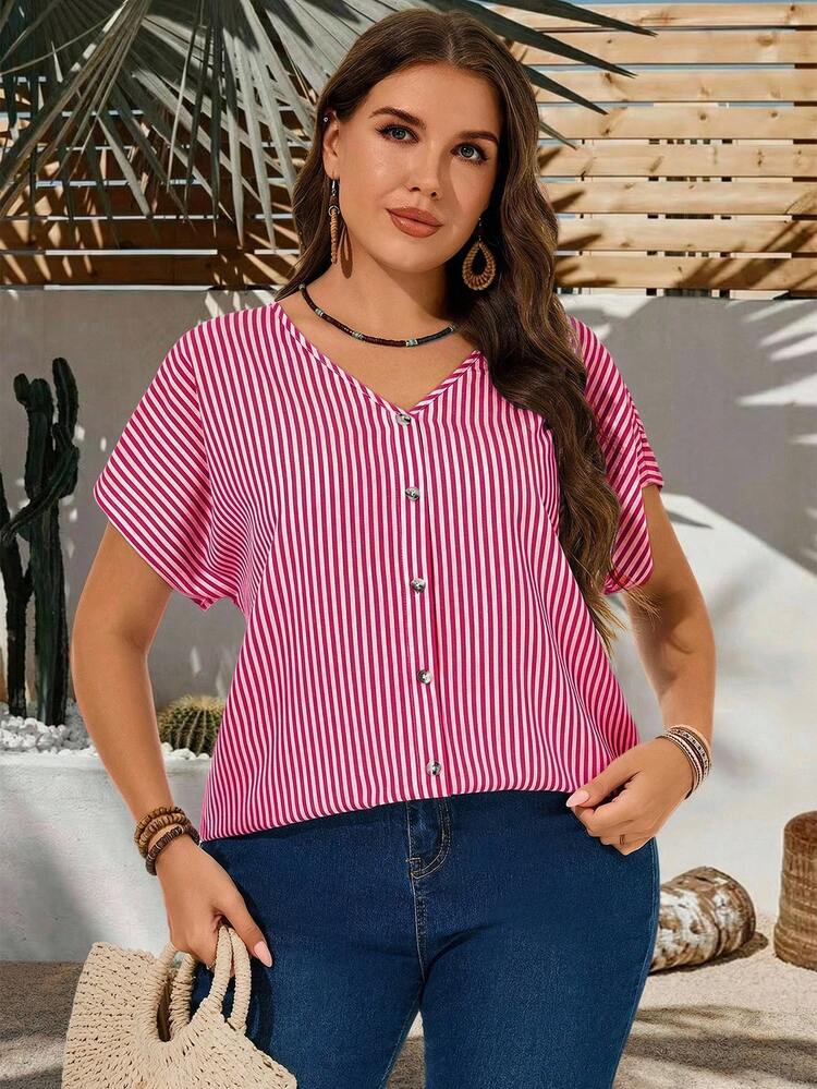 Plus Size Casual Striped Batwing Sleeve Shirt Summer Tops Summer Outfits Summer Clothes  Spring  Spring Outfit Women Spring Clothes Country Style For Women Vacation Outfits Women Summer Tops   Summer Outfits Summer Clothes Spring Dress Spring Outfit Women Spring Clothing Beach Vacation Outfits For Women Vacation Dress Bohemian  Women Blouses Summer Casual Tops Women Summer Striped Shirt