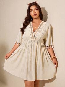 Elaquor Abito casual con scollo a V e frange per donne taglia comoda, abito estivo da spiaggia e vacanza, abito estivo bianco taglia comoda per spiaggia e picnic, abiti casual estivi da donna - Albicocca - Visualizzare 5