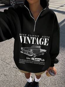 Attitoon Sudadera holgada con cuello alto y media cremallera con estampado retro de coche para mujer, ideal para otoño/invierno - Negro - Ver 4