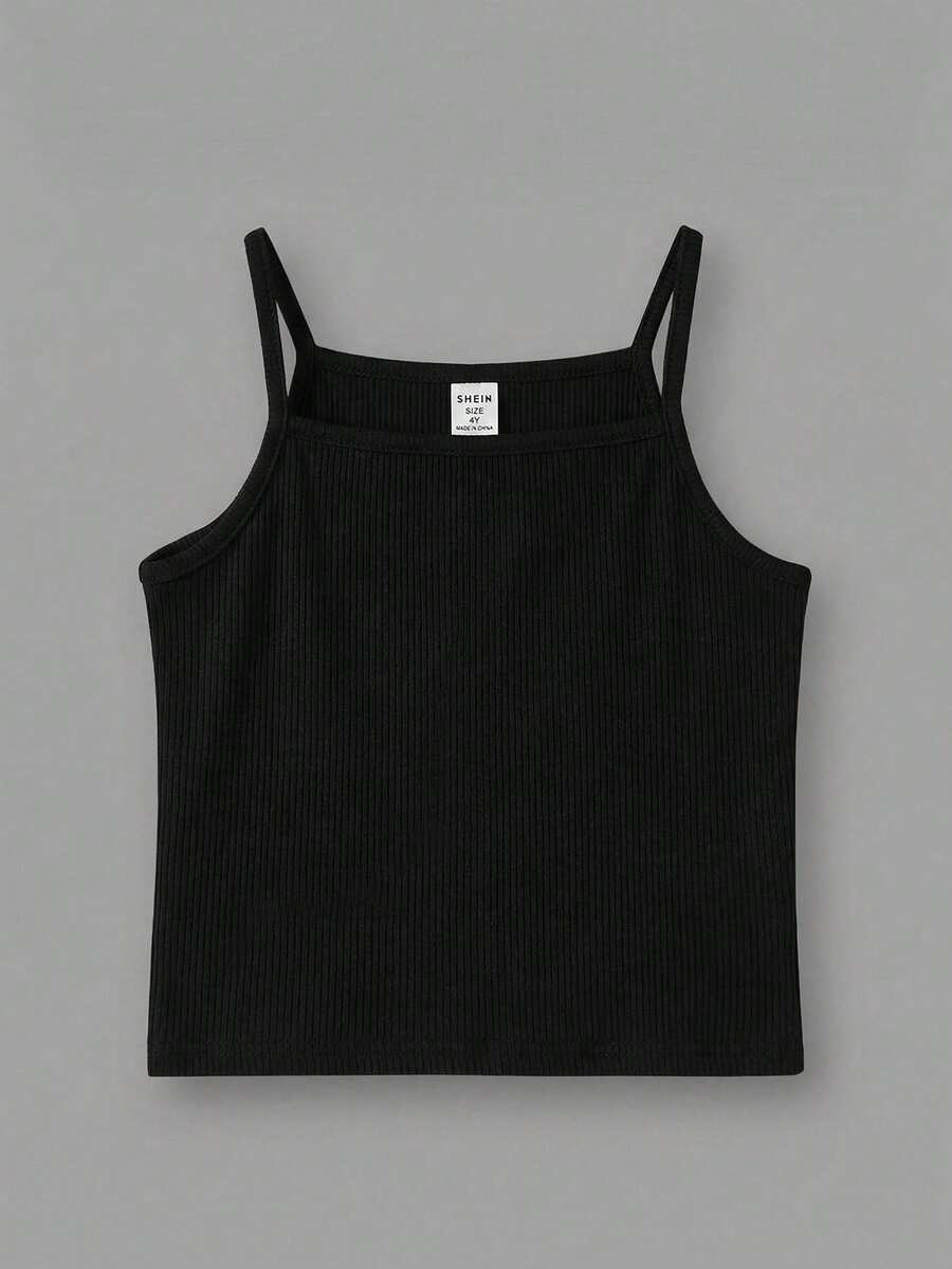 SHEIN 女童修身纯色罗纹吊带背心 - 黑色 - 查看 1