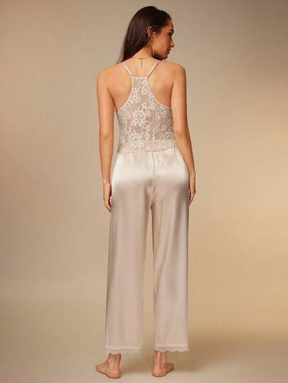 Silquee Women's Spaghetti Strap Lace Patchwork Sleeveless Top And Long Pants Two-Pieces Pajama Set Elegant Women's Satin Cami Top And Wide Leg Pants Two Piece Outfit Set For Loungewear Soft Shiny Spaghetti Strap Top With Elastic Waist Long Palazzo Pants Two Piece Outfit Lace Trim V Neck Satin Cami And Comfortable Wide Leg Loungewear Pants Two Piece Set  Spring To Summer Valentine's Day Sexy Crystal Vow Laceadults Women  Fishnet Sleep Halloween Gowns Sleep Discreet Adult  St Paddy's  Pant Suit Summer Sets Palazzo Jumpsuit Elegant Jumpsuits Pant Suits For Wedding Sexy Jumpsuit