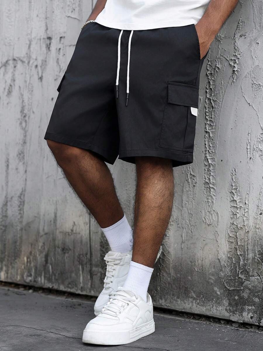 SLATEMANN Pantalones cortos de cargo para hombre de cintura elástica con cordón y bolsillo, unicolor - Negro - Ver 1