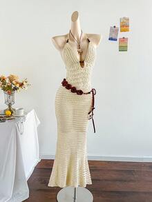 Soleia Women's Vacation Casual Backless Halter Knit Dress Crochet Maxi Dress Summer Maxi Dress Beach Maxi Dress Crochet Dress Vacation Dress In Fall/Winter - Apricot - View 1