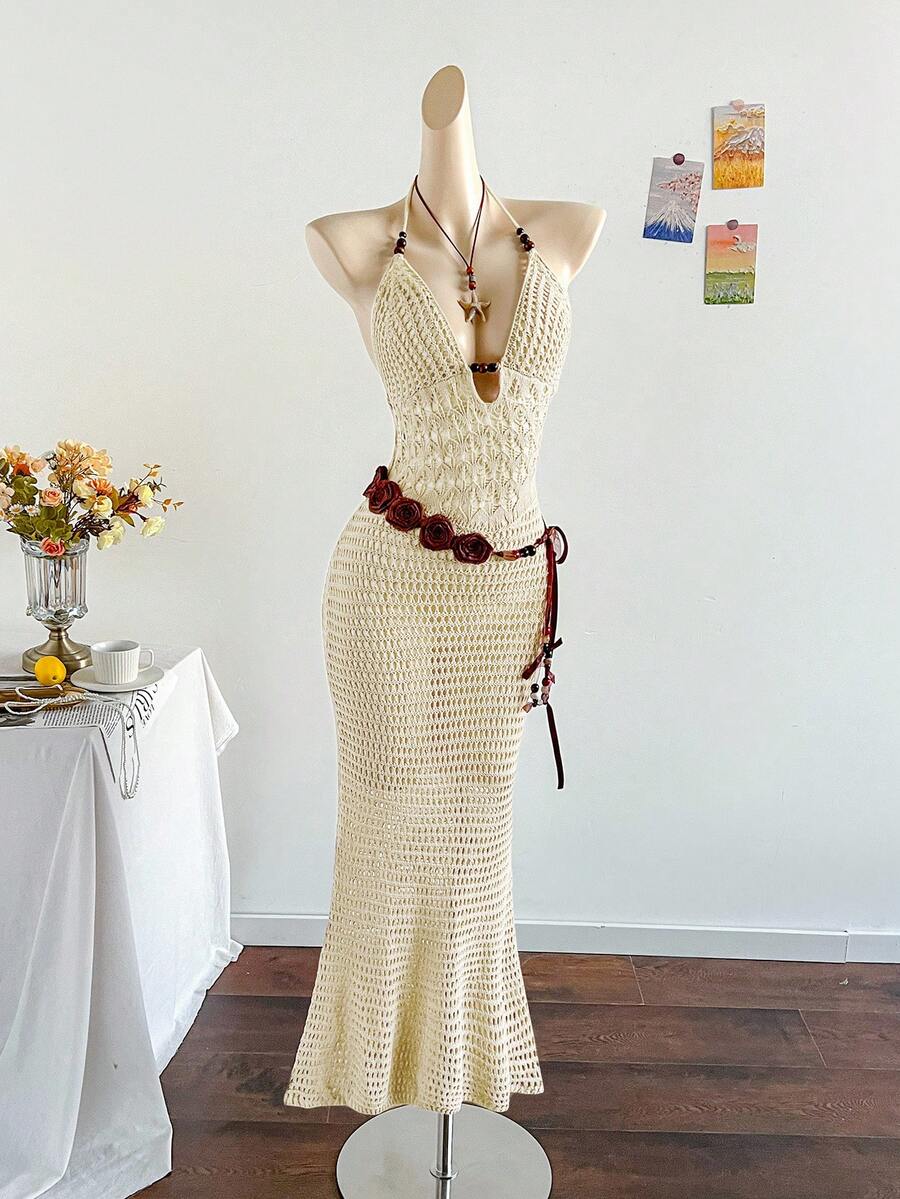 Soleia Women's Vacation Casual Backless Halter Knit Dress Crochet Maxi Dress Summer Maxi Dress Beach Maxi Dress Crochet Dress Vacation Dress In Fall/Winter - Apricot - View 1