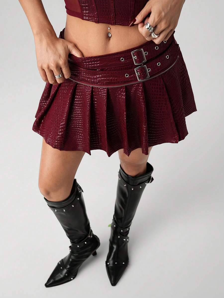 SHEIN ICON Y2k 女式外出酒红色哥特风俱乐部音乐会 Coachella 辣妹休闲百褶裙，按扣设计，适合约会和外出，夏季百搭 - 酒紅色 - 查看 1