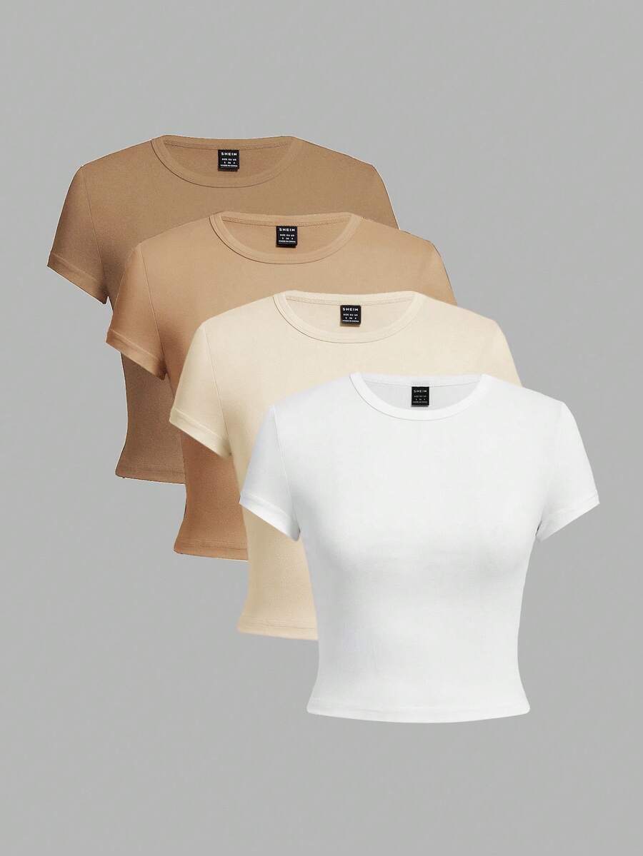 SHEIN EZwear 4件套女士休闲圆领短袖修身T恤,适合夏季穿着 - 彩色 - 查看 1
