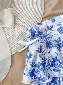 少女复古碎花荷叶边迷你裙，多层裙摆设计，适合休闲、度假、夏季返校等场合 - 藍白色 - 查看 3