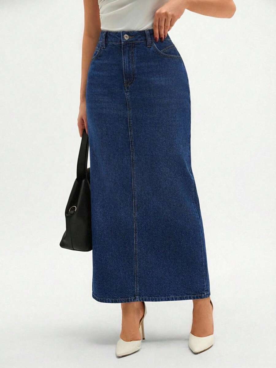 RueChic High Waist Slant Pocket Denim Skirt - Medium Wash - View 1