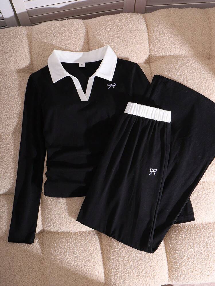 Sparklyn 2 pièces/Set Ensemble polyvalent et décontracté pour adolescents, Top à manches longues avec col + pantalon assorti, avec décoration de nœud brodé, taille élastique, jambe droite ample, convient pour le port quotidien et les sports - Noir - Voir 3