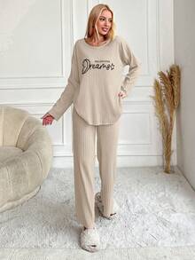 EURMUSE Women 2pcs/Set Casual Letter Print Loose Fit Top And Pants Homewear Suit For Autumn - Beige - View 5