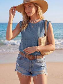 Sylviya Women's Solid Color Burnout Embroidery Crew Neck Loose Casual T-Shirt,Casual - Royal Blue - View 4