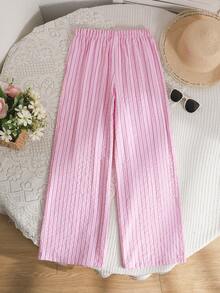 少女粉色条纹宽松阔腿裤，休闲可爱时尚百搭，适合外出、姐妹合影、公园、露营、日常穿着、聚会、度假等场合。 - 粉色 - 查看 2
