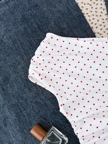 SHEIN Tween Girls Knit Casual Minimalist Polka Dot Print Asymmetric Ruched Cropped Top, Suitable For Spring/Summer, Casual, Personalized Styling, Daily Wear - Red - View 3