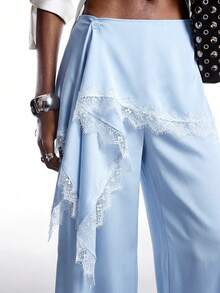 LYSMO 2026 New Minimalist Spring/Summer Women's Blue Lace Patchwork Ruffle Hem Casual Versatile Commuting Wide Leg Pants With Lace Trim - Blue - View 8