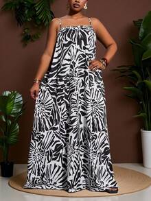 Slaydiva Plus Size Women's Abstract Floral Plant Zebra Print Sleeveless A-Line Maxi Dress Summer Boho Nomadic Style Loose Holiday Beach Vacation Wear White - Black and White - View 3