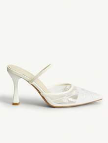 CUCCOO CHICEST Women Shoes Autumn New Elastic Band Mesh Stiletto Heels Pointed Toe Embroidered Shoes - White - View 3