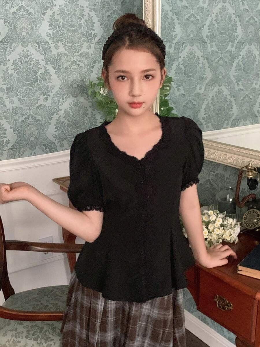 DAZY Tween Girl Solid Color V-Neck Lace Casual Versatile Daily Wear Petal Sleeve Blouse - Black - View 1