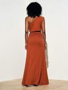 Zivah 新款夏季休闲度假波西米亚风套装，宽松红棕色针织单肩背心搭配系带百褶A字裙，两件套设计。适合日常穿着、旅行、度假、海滩、休闲风、西部风情、派对、节日、音乐节、机场穿搭、早午餐等场合。 - 鏽棕色 - 查看 3