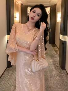 DAZY 女款純色V領亮片華麗洋裝，適合派對場合 - 杏色 - 查看 7