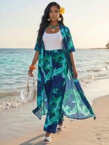 SHEIN Lady Bộ đồ nữ thời trang thường ngày in họa tiết toàn thân gồm áo khoác và quần, trang phục nghỉ dưỡng nhiệt đới cho nữ, áo khoác dài che phủ đồ bơi, bộ đồ đi biển cho nữ, bộ quần áo cho nữ, váy đi biển, trang phục đi chơi, trang phục nghỉ mát, bộ đồ thường ngày cho nữ, trang phục nghỉ dưỡng, đồ đi biển cho nữ, trang phục du lịch biển cho nữ, trang phục Hawaii, áo khoác maxi che phủ đi biển, váy maxi đi biển. - Nhiều màu - Xem 5