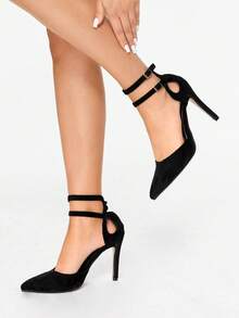 Glitzique 秋冬季女士高跟鞋，踝带镂空设计，优雅派对风，细高跟鞋 - 黑色 - 查看 2