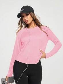 Eassivo Eassivo 女士纯色插肩袖休闲健身运动T恤 - 粉色 - 查看 6