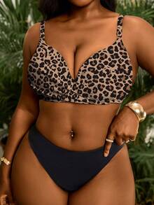 Slaydiva Plus Size Leopard Print Criss-Cross Bikini Top - Coffee Brown - View 5
