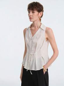 Aalyst Camiseta de mujer con diseño de pliegues en la cintura y tela a rayas, adecuada para vacaciones, ir al trabajo, y uso en primavera y verano - Beis - Ver 3