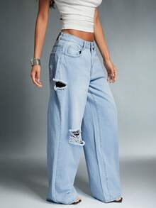 Denimoi Wide Leg Distressed Denim Jeans Wide Leg Jeans Boyfriend Jeans Fashionable Streetwear Y2K - Light Wash - View 2