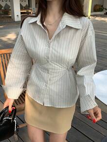 DAZY Áo sơ mi nữ tay dài cổ bẻ kẻ sọc, kiểu dáng thanh lịch, tươi mới cho mùa hè. - Màu be - Xem 5