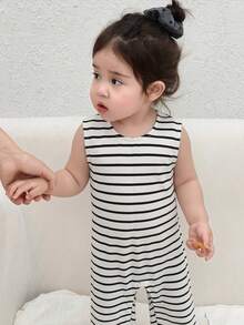 DAZY Bộ áo liền quần không tay cổ chữ V kẻ sọc thoải mái kiểu Hàn Quốc cho bé gái, thích hợp cho mùa hè. - Đen và trắng - Xem 3
