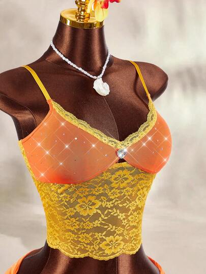 Amplova Women's Rhinestone Inlaid Contrast Lace Slim Fit Sexy Camisole Summer Outfit For Women Spring Outfit Festival Party Easter Dress Women Beach Vacation Outfits For Women Weddings & Events Graduation Going Out Birthday Elegant Beach Vacation Outfits For Women Casual Outfit For Women