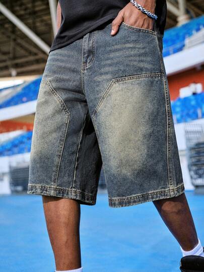 EVRINFINITE 男士休闲宽松百慕大复古牛仔短裤，带口袋，日常穿着，emo 风格