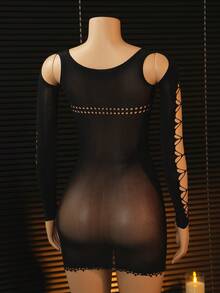 ChaseTheNight 神秘魅力！黑色镂空交叉薄纱睡裙，长袖设计+全身露肤剪裁，适合私密场合。 - 黑色 - 查看 2