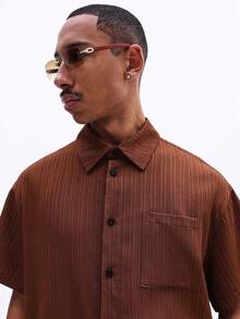 SUMWON Men's Short Sleeve Button Down Shirt With Pinstripe Pattern Collared Casual Summer Top - Coffee Brown - View 5