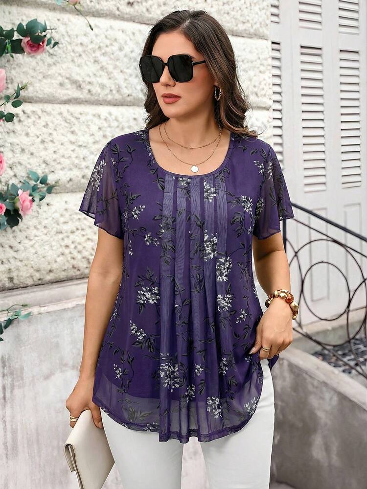 Plus Size Women's Summer Casual Vacation Short Sleeve Floral Print Tunic Blouse Top,Summer Holiday,Vacation,Simple And Fashionable For Everyday Wear,Spring Break,Vacation,Holiday,Going Out,2026 New,Simple And Fashionable For Everyday Wear, Purple Blouse