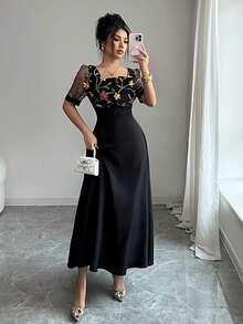 Elenzga 不对称设计方领刺绣腰部中长连衣裙 - 黑色 - 查看 3