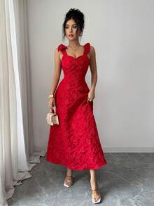 Elenzga Women's Bowknot Strap Textured Jacquard Cinched Waist Camisole Dress - Red - View 5