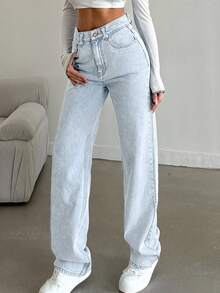 SHEIN Tall Snow Wash Straight Leg Jeans High Rise For Tall - Light Wash - View 7