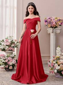 Pitira Burgunderrotes Satin elegantes langes Kleid, Off-Shoulder, rückenfreiem Bindebanddetail, geeignet für Hochzeit, Geburtstagsfest, Abschlussball, Brautjungfer, formelle Abendrobe, Abschlussfeier, Frühlingsfest - Bordeaux - Übersicht 5