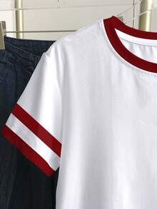 Resyla Women's Color Block Cherry Embroidery Short Sleeve Casual Round Neck T-Shirt - White - View 4
