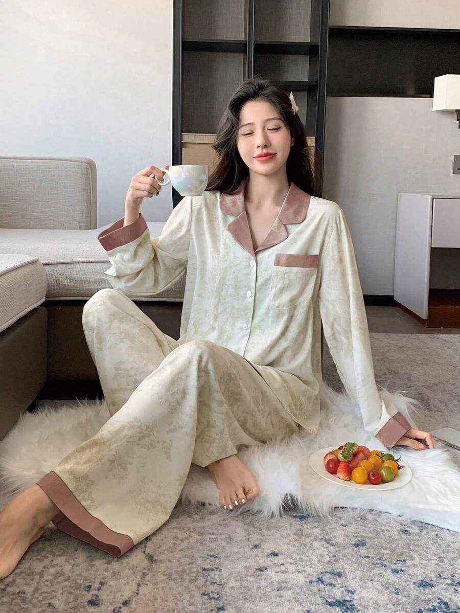 DAZY Bộ đồ ngủ họa tiết chắp vá màu trơn, quần áo trở lại trường, cho mùa thu - Màu Khaki - Xem 1