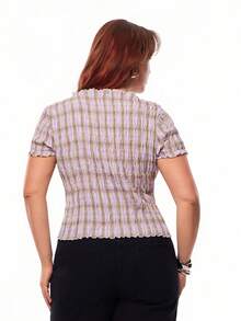 Solavibe 大码女式夏季休闲格子印花抽绳修身衬衫 - 駝色 - 查看 2