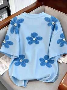 DrmWander Camiseta de mujer con cuello redondo, estampado digital de flores y tachuelas - Celeste - Ver 2