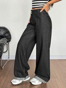 SHEIN PETITE 女士休闲百搭通勤阔腿牛仔裤 - 黑色 - 查看 5