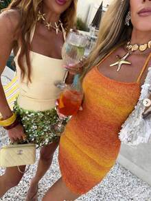 Aloruh Women's Ombre Spaghetti Strap Bodycon Backless Sleeveless Sweater Dress - Burnt Orange - View 1