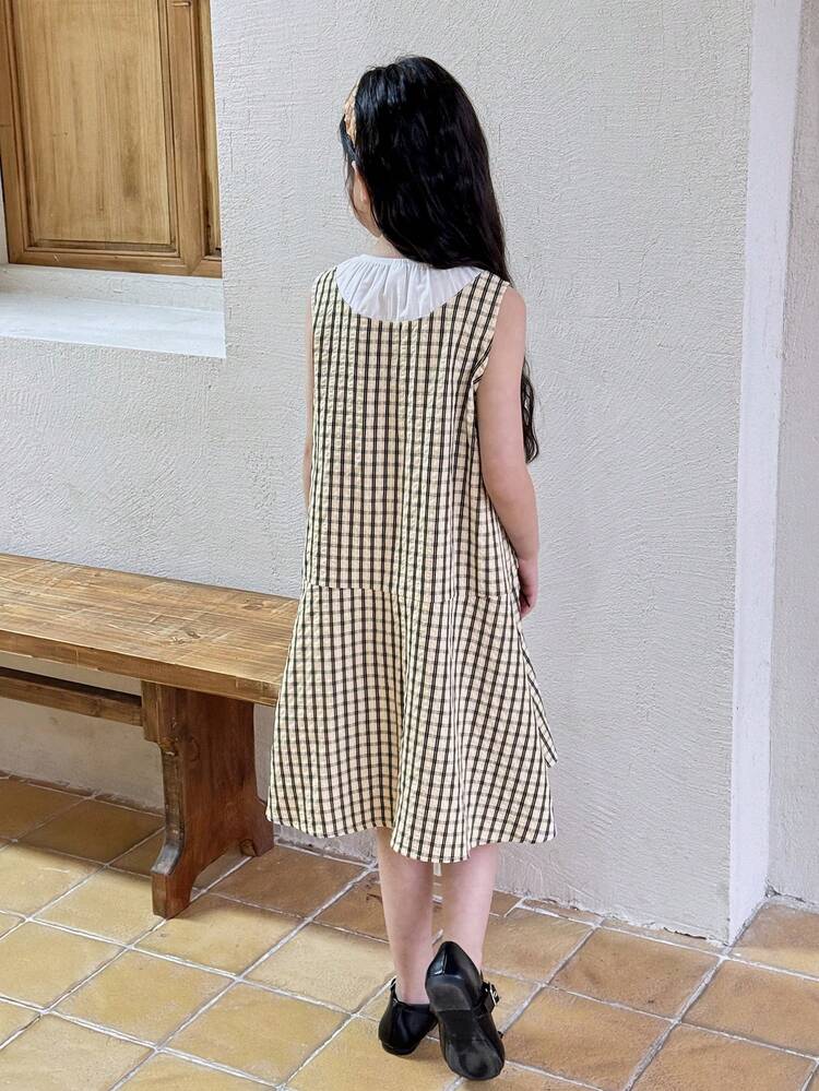 Tween Girls' Summer Casual Patchwork Plaid Bow Decor Dress