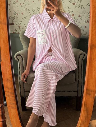 SHEIN Pink Striped & Ditsy Floral Cardigan Short Sleeve Top And Pants Women Pajama Set