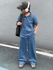 SHEIN Conjunto informal de niño preadolescente con camisa de polo de manga corta y jeans - Azul - Ver 6