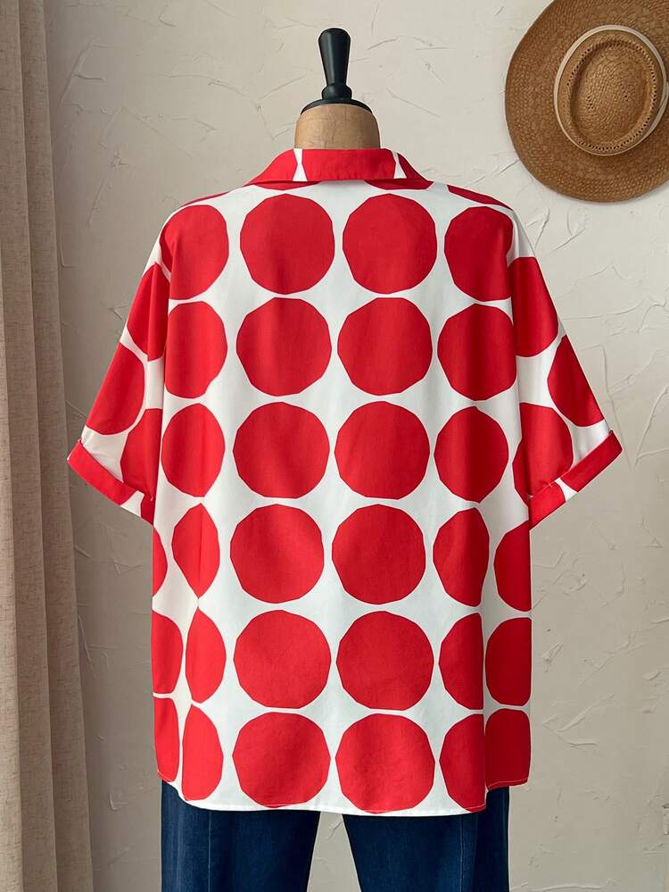 Plus Size Women's Polka Dot Shirt,Geometric Print Short Sleeve Single-Breasted Loose Blouse,Boho Summer Vacation Holiday White Casual Red Tops